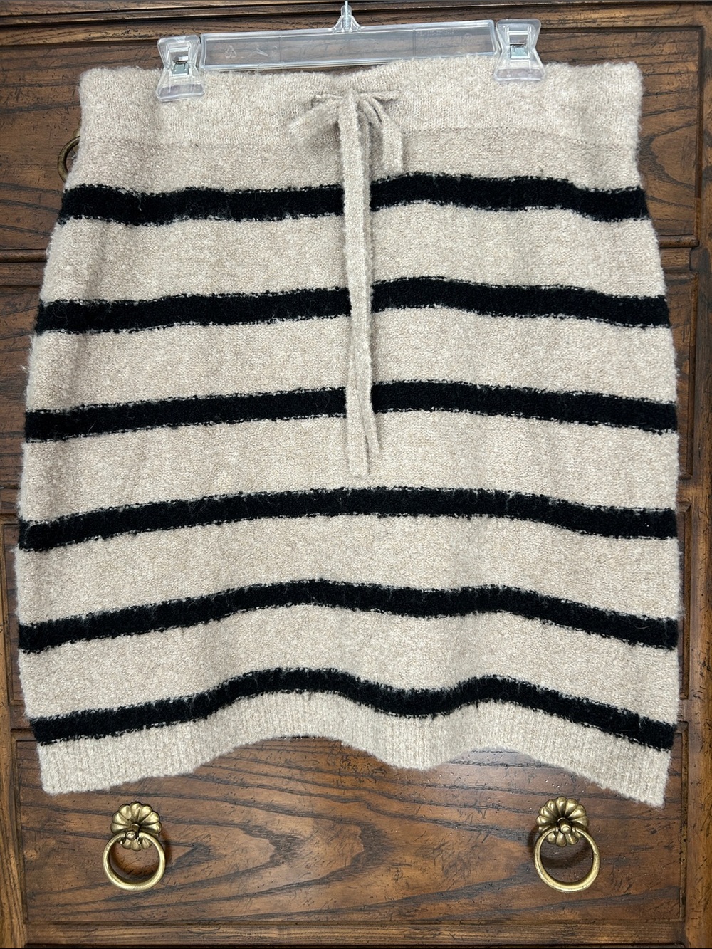 LOFT Tan Boucle Knit Mini Skirt with Black Stripes, Size L